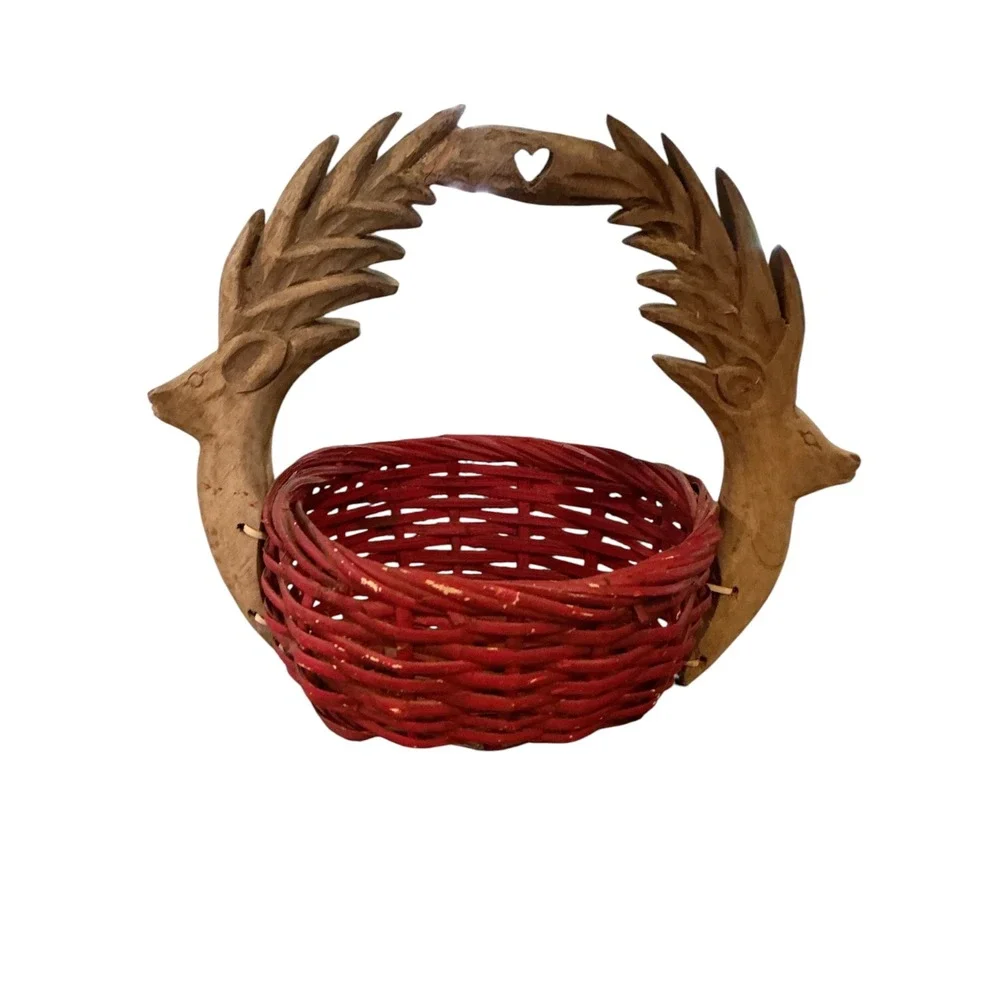 Vintage Hand Carved Wood Deer Handle Red Wicker Basket Rustic Folk Art 15x12x8.5